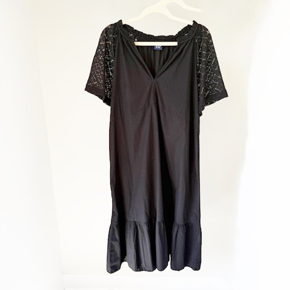 Gap Cotton Poplin Midi Dress with Lace Short Sleeves, Black, Size Large